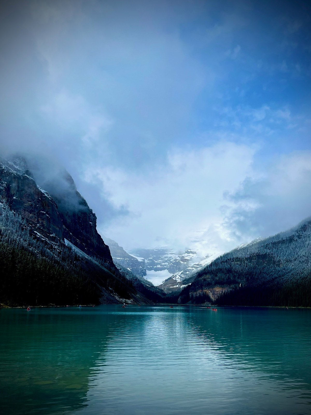 Shore view of Lake Louise in Banff National Park, Canada